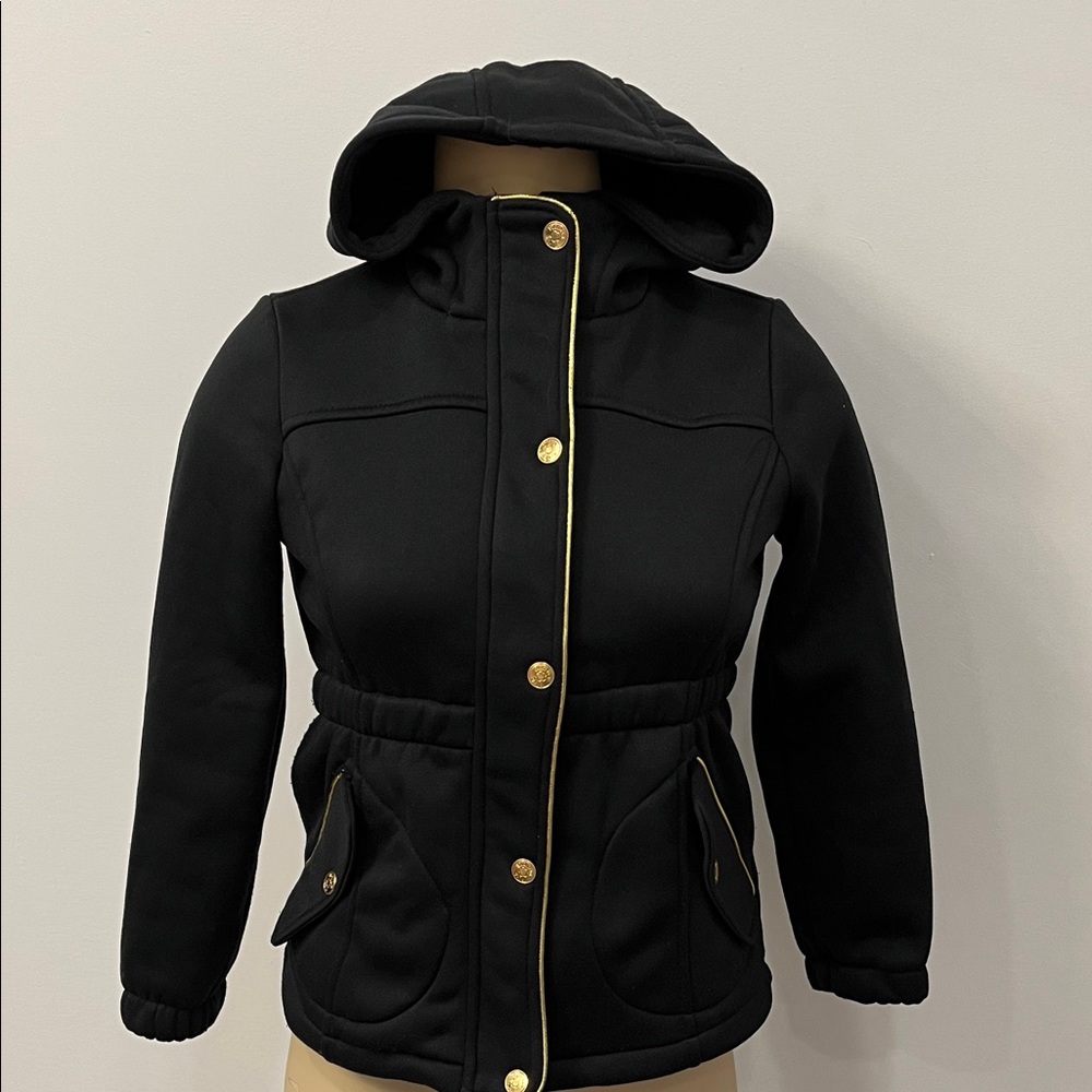 Girls Black Hooded Jacket with Gold Accents